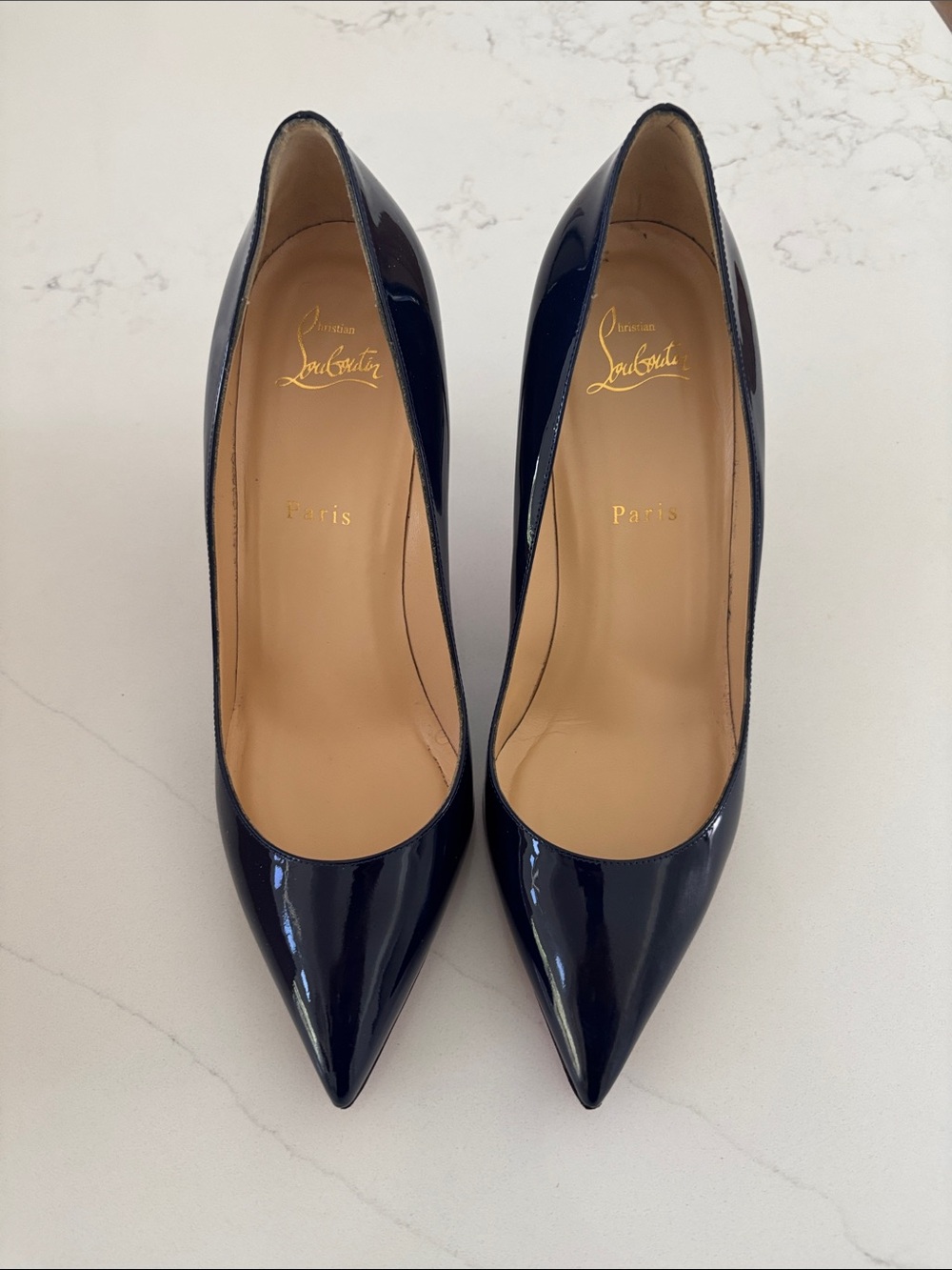 Christian Louboutin Navy Patent Pointed Toe Pumps with Signature Red Soles